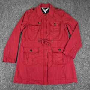 Tommy Hilfiger Coat Womens Large Red Utility Full Zip Trench Coat Pockets Jacket